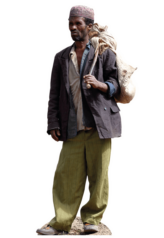 © Shutterstock Ein äthiopischer Feldarbeiter steht mit Sack und Pack auf dem Feld.