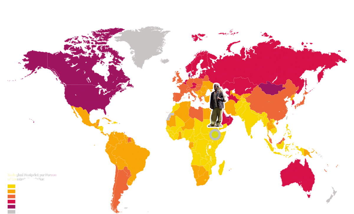 Die Karte zeigt den ökologischen Fußabdruck nach Ländern. Äthiopien ist durch eine Figur markiert.