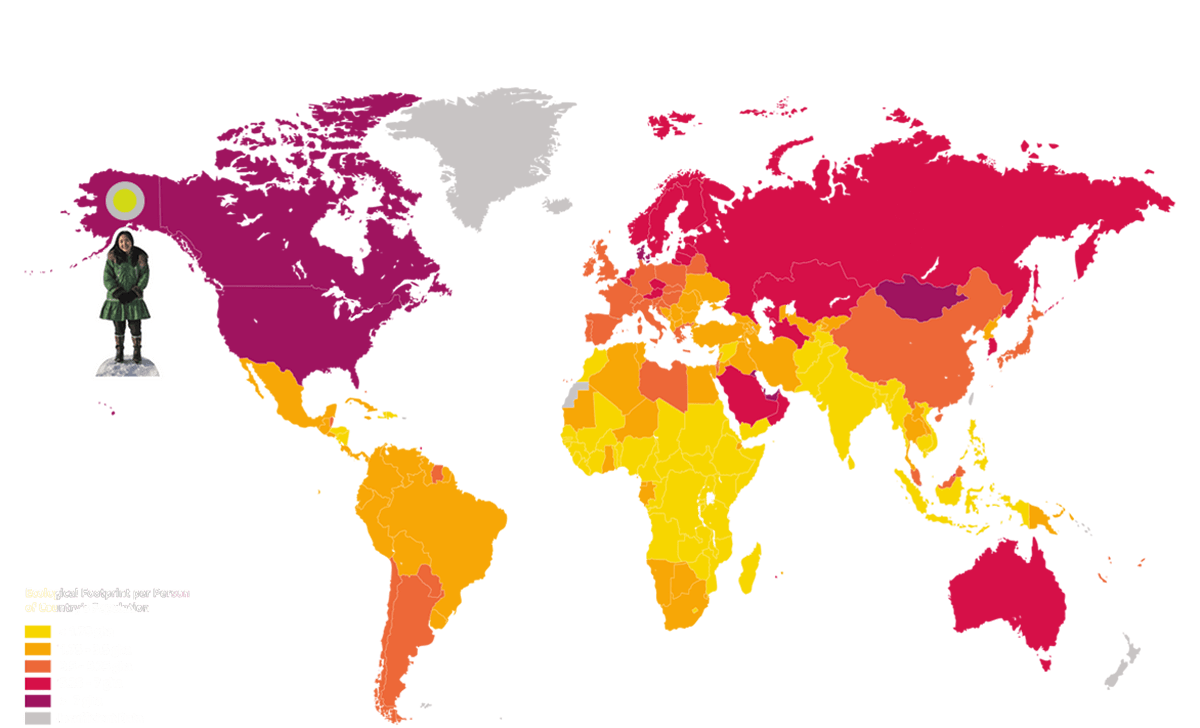 Die Karte zeigt den ökologischen Fußabdruck nach Ländern. Alaska ist durch eine Figur markiert.