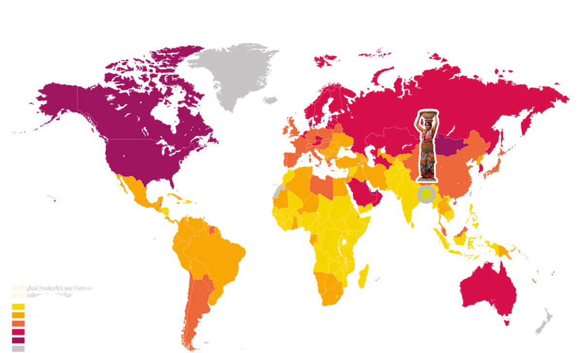 Die Karte zeigt den ökologischen Fußabdruck nach Ländern. Bangladesch ist durch eine Figur markiert.