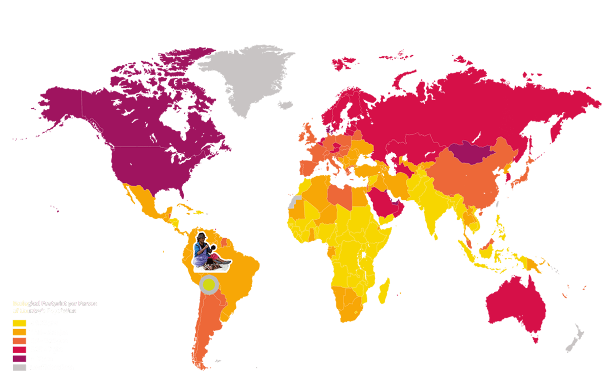 Die Karte zeigt den ökologischen Fußabdruck nach Ländern. Bolivien ist durch eine Figur markiert.