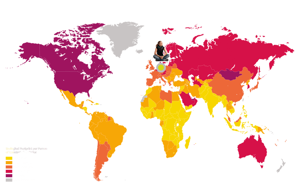 Die Karte zeigt den ökologischen Fußabdruck nach Ländern. Deutschland ist durch eine Figur markiert.