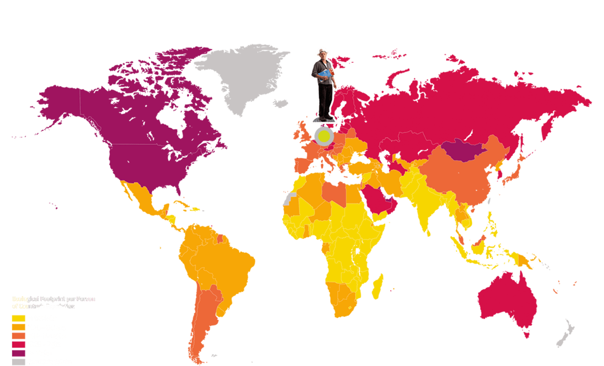 Die Karte zeigt den ökologischen Fußabdruck nach Ländern. Deutschland ist durch eine Figur markiert.