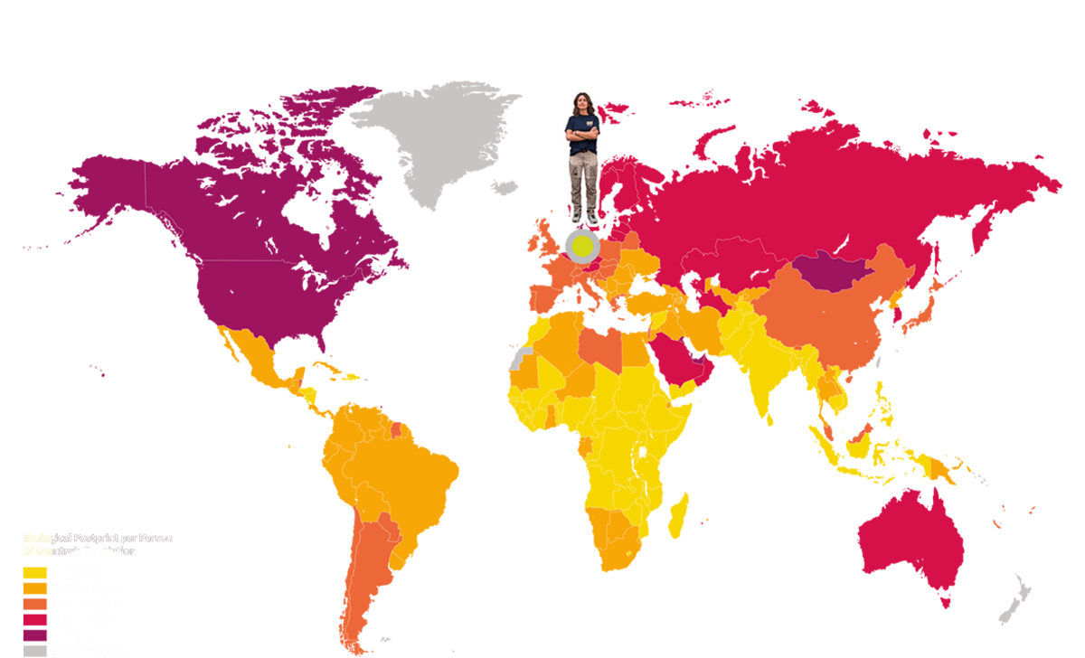 Die Karte zeigt den ökologischen Fußabdruck nach Ländern. Deutschland ist durch eine Figur markiert.
