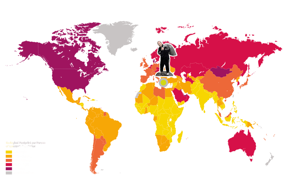 Die Karte zeigt den ökologischen Fußabdruck nach Ländern. Griechenland ist durch eine Figur markiert.
