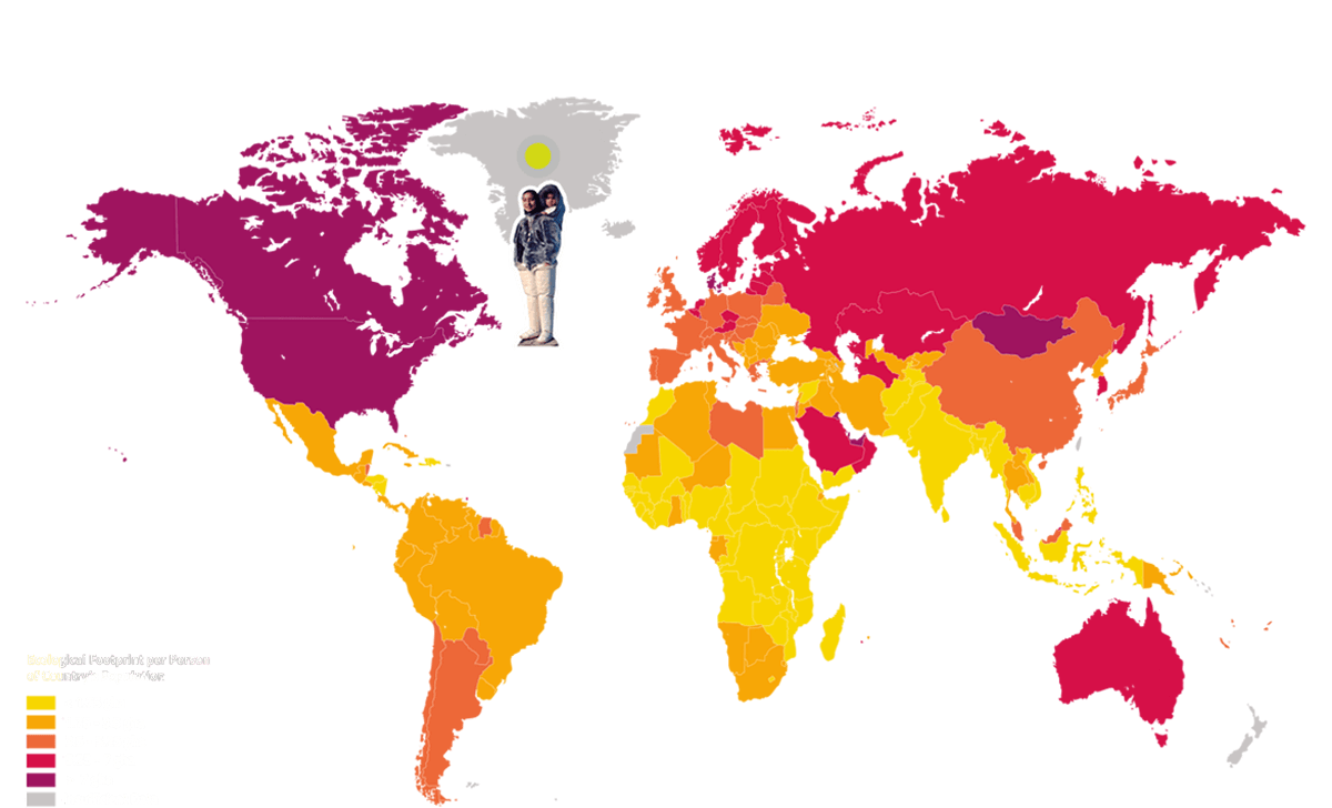 Die Karte zeigt den ökologischen Fußabdruck nach Ländern. Grönland ist durch eine Figur markiert.