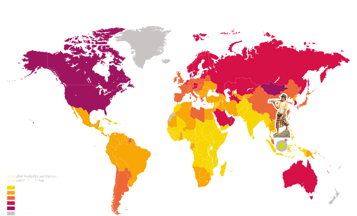 Die Karte zeigt den ökologischen Fußabdruck nach Ländern. Indonesien ist durch eine Figur markiert.