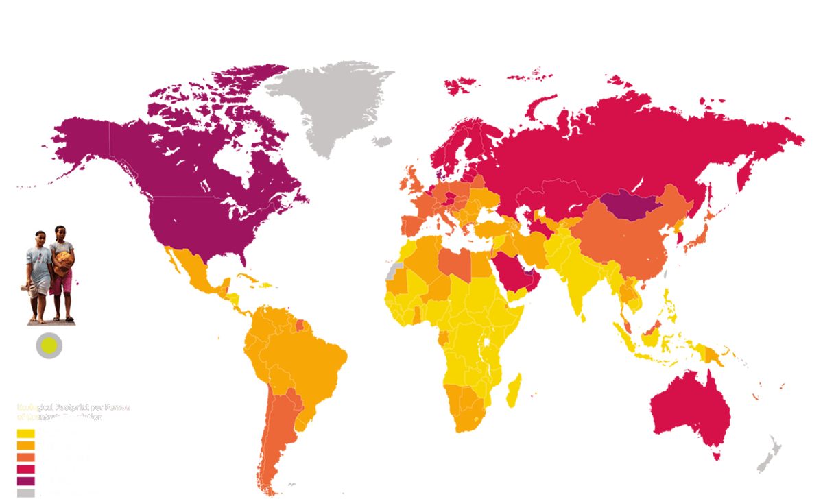 Die Karte zeigt den ökologischen Fußabdruck nach Ländern. Kiribati ist durch Figuren markiert.