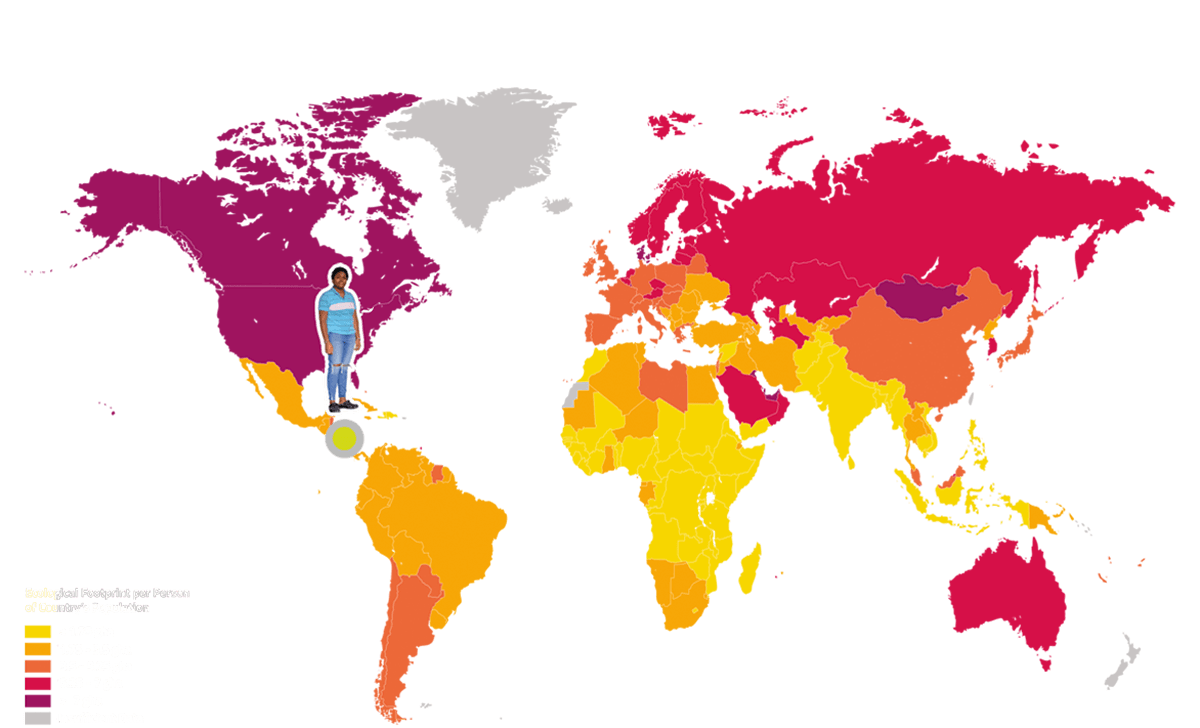 Die Karte zeigt den ökologischen Fußabdruck nach Ländern. Nicaragua ist durch eine Figur markiert.