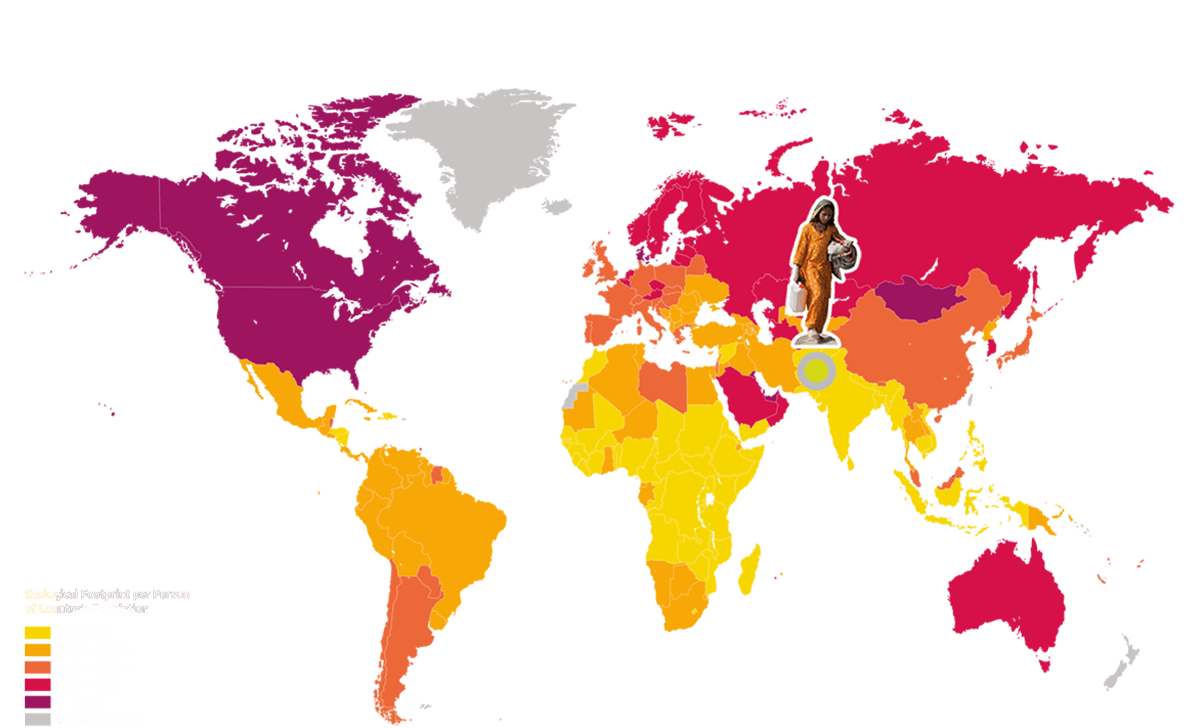 Die Karte zeigt den ökologischen Fußabdruck nach Ländern. Pakistan ist durch eine Figur markiert.