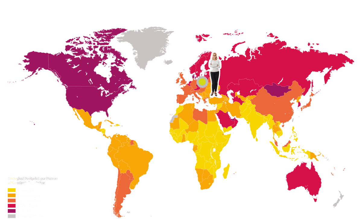 Die Karte zeigt den ökologischen Fußabdruck nach Ländern. Polen ist durch eine Figur markiert.