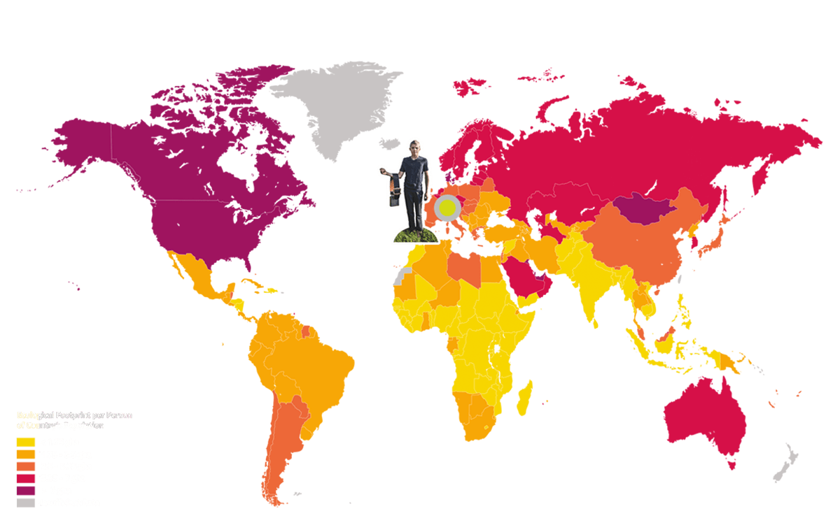 Die Karte zeigt den ökologischen Fußabdruck nach Ländern. Die Schweiz ist durch eine Figur markiert.