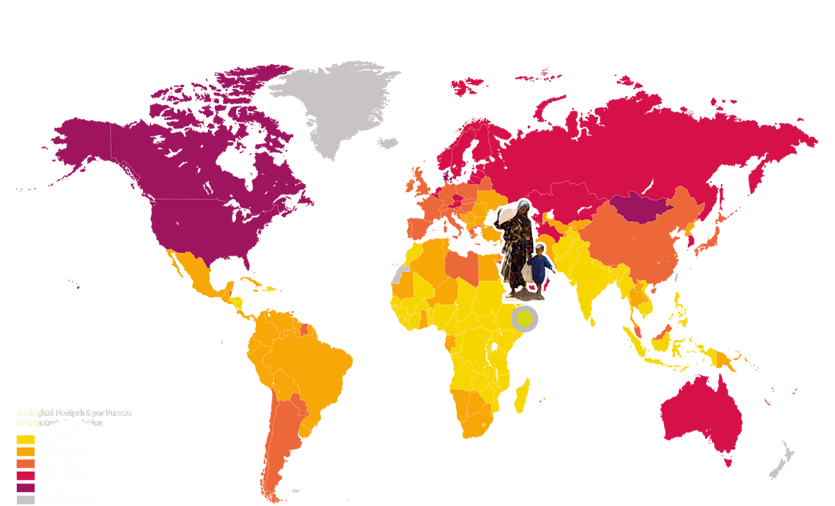 Die Karte zeigt den ökologischen Fußabdruck nach Ländern. Somalia ist durch Figuren markiert.