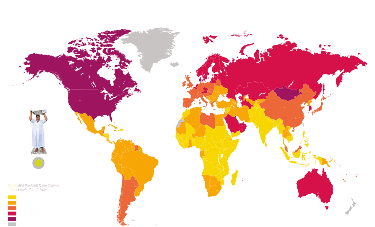 Die Karte zeigt den ökologischen Fußabdruck nach Ländern. Tokelau ist durch eine Figur markiert.