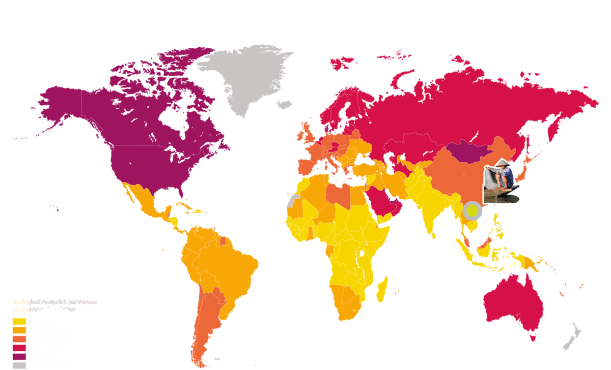 Die Karte zeigt den ökologischen Fußabdruck nach Ländern. Vietnam ist durch eine Figur markiert.