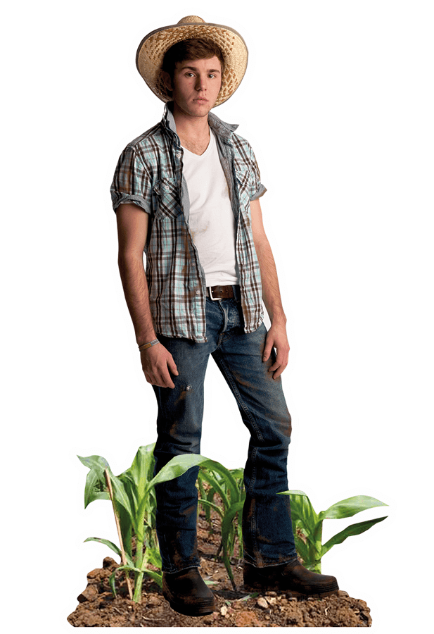 © Peter Groth Ein junger Maisbauer aus den USA steht mit einem Sonnenhut auf dem Kopf in seinem Maisfeld.